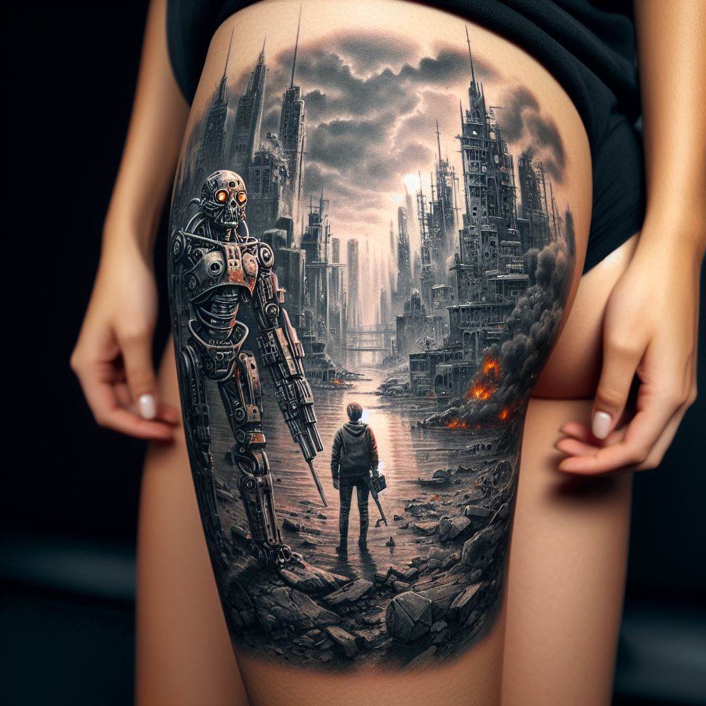 A post-apocalyptic thigh tattoo with a dystopian cityscape, cybernetic enhancements, and a lone survivor. The cityscape is detailed in ruins, with crumbling buildings and deserted streets, capturing the aftermath of a catastrophic event. Cybernetic enhancements on the lone survivor, such as mechanical limbs and augmented eyes, suggest survival through adaptation and technology. The overall mood is gritty and resilient, appealing to those fascinated by dystopian themes.