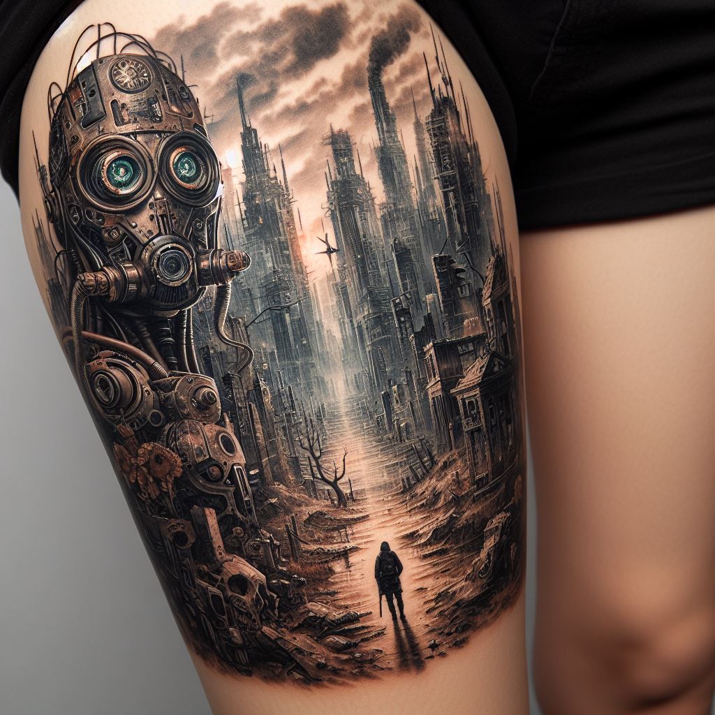 A post-apocalyptic thigh tattoo with a dystopian cityscape, cybernetic enhancements, and a lone survivor. The cityscape is detailed in ruins, with crumbling buildings and deserted streets, capturing the aftermath of a catastrophic event. Cybernetic enhancements on the lone survivor, such as mechanical limbs and augmented eyes, suggest survival through adaptation and technology. The overall mood is gritty and resilient, appealing to those fascinated by dystopian themes.