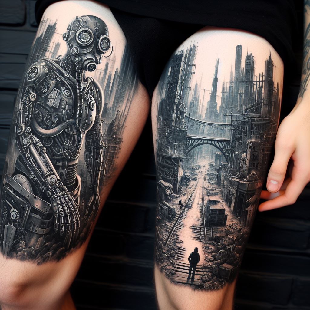 A post-apocalyptic thigh tattoo with a dystopian cityscape, cybernetic enhancements, and a lone survivor. The cityscape is detailed in ruins, with crumbling buildings and deserted streets, capturing the aftermath of a catastrophic event. Cybernetic enhancements on the lone survivor, such as mechanical limbs and augmented eyes, suggest survival through adaptation and technology. The overall mood is gritty and resilient, appealing to those fascinated by dystopian themes.