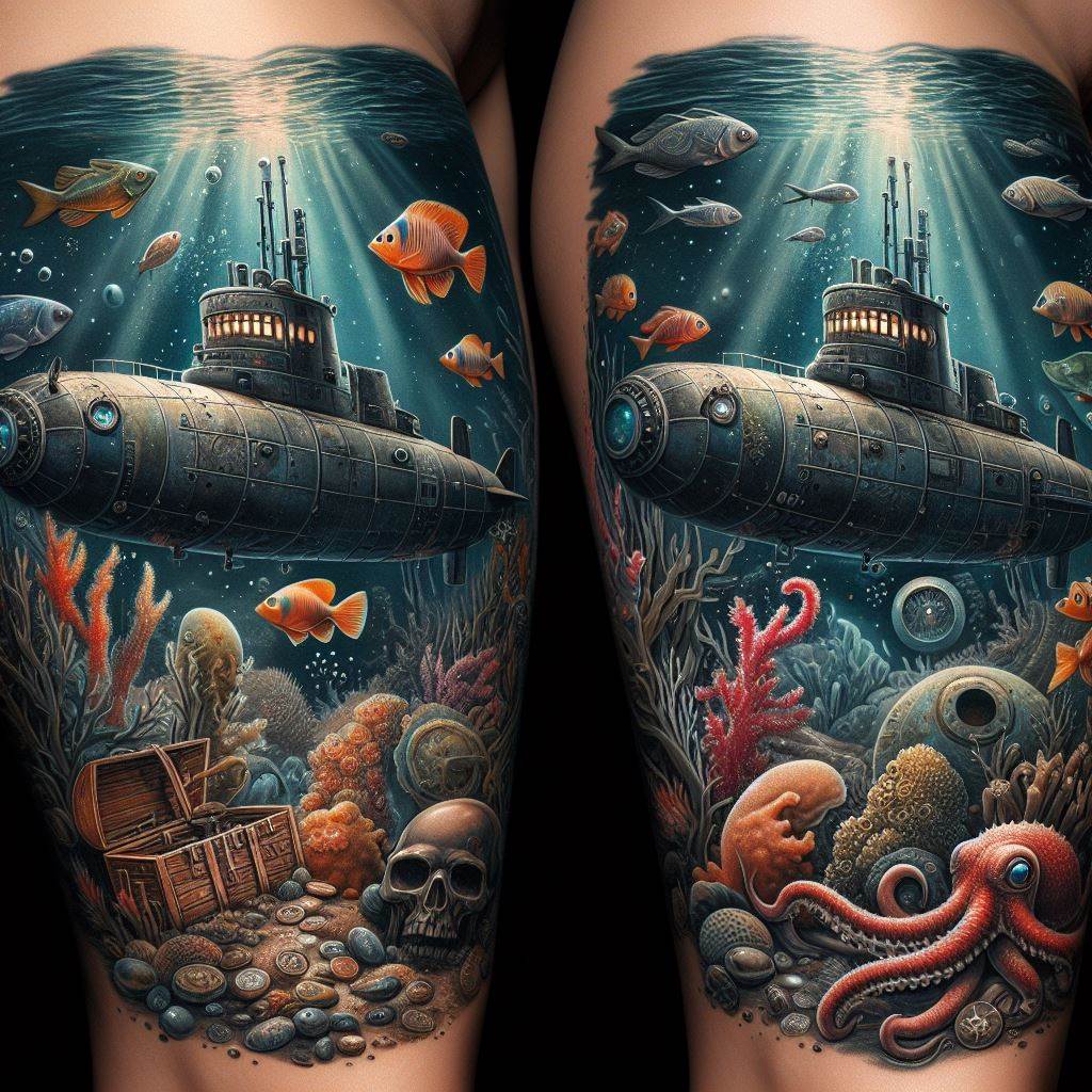 An underwater adventure thigh tattoo featuring a detailed submarine, marine life, and a sunken treasure chest. The submarine, old and barnacle-encrusted, explores the depths of the ocean, its windows glowing softly in the dark waters. Surrounding it, a variety of marine life, from colorful fish to curious octopuses, swim in intricate detail. A sunken treasure chest, slightly ajar and spilling coins and jewels, adds a sense of mystery and discovery to the deep-sea scene.