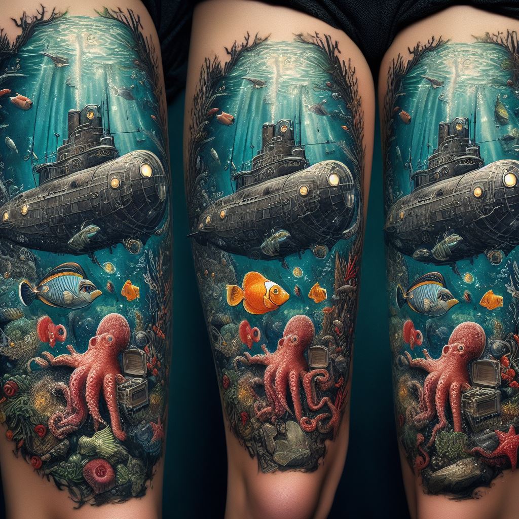 An underwater adventure thigh tattoo featuring a detailed submarine, marine life, and a sunken treasure chest. The submarine, old and barnacle-encrusted, explores the depths of the ocean, its windows glowing softly in the dark waters. Surrounding it, a variety of marine life, from colorful fish to curious octopuses, swim in intricate detail. A sunken treasure chest, slightly ajar and spilling coins and jewels, adds a sense of mystery and discovery to the deep-sea scene.