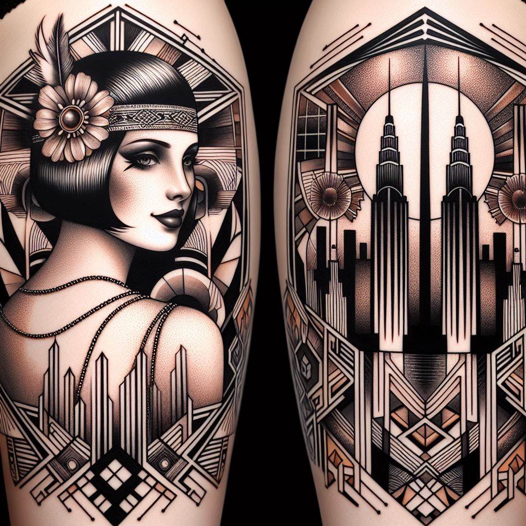 An Art Deco-inspired thigh tattoo featuring a roaring twenties flapper girl, geometric patterns, and skyscraper silhouettes. This design captures the essence of the Jazz Age, with the flapper girl styled in classic 1920s fashion, including a bob haircut and a beaded dress. The geometric patterns, characteristic of Art Deco design, create a dynamic background, while silhouettes of period skyscrapers add a sense of grandeur and innovation, reflecting the optimism of the era.