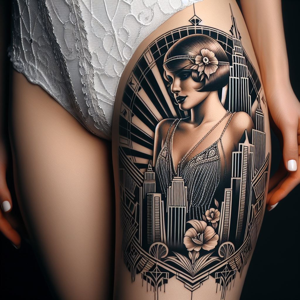 An Art Deco-inspired thigh tattoo featuring a roaring twenties flapper girl, geometric patterns, and skyscraper silhouettes. This design captures the essence of the Jazz Age, with the flapper girl styled in classic 1920s fashion, including a bob haircut and a beaded dress. The geometric patterns, characteristic of Art Deco design, create a dynamic background, while silhouettes of period skyscrapers add a sense of grandeur and innovation, reflecting the optimism of the era.