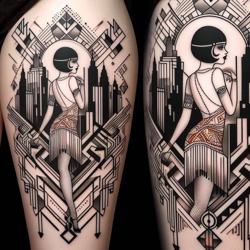 An Art Deco-inspired thigh tattoo featuring a roaring twenties flapper girl, geometric patterns, and skyscraper silhouettes. This design captures the essence of the Jazz Age, with the flapper girl styled in classic 1920s fashion, including a bob haircut and a beaded dress. The geometric patterns, characteristic of Art Deco design, create a dynamic background, while silhouettes of period skyscrapers add a sense of grandeur and innovation, reflecting the optimism of the era.