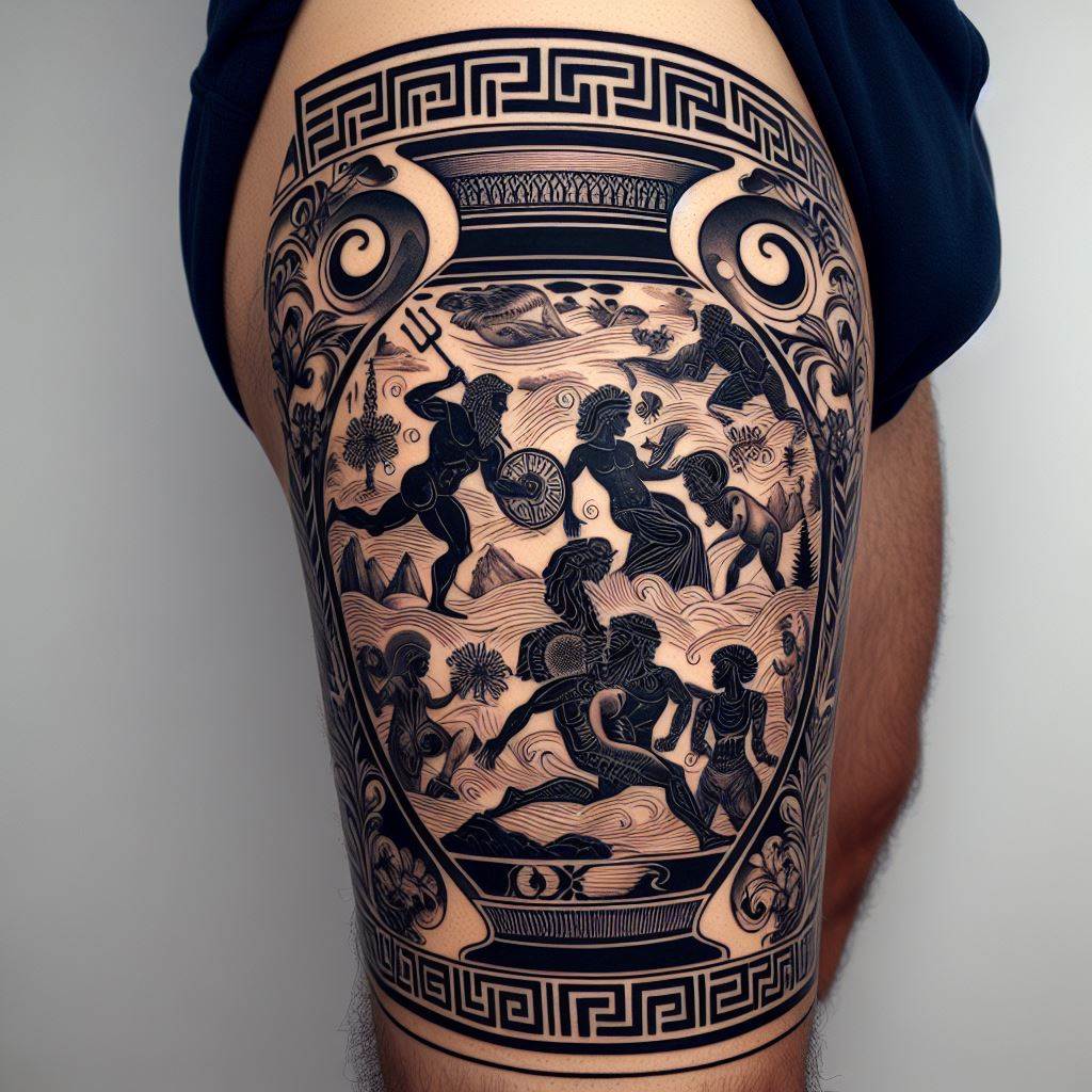 An Ancient Greek pottery-inspired thigh tattoo featuring mythological scenes, meander patterns, and Olympian gods. Drawing inspiration from the classic black-figure pottery of Ancient Greece, this tattoo portrays dynamic mythological scenes with gods and heroes in action. The meander patterns border the scenes, adding a decorative and symbolic frame, while the figures of Zeus, Athena, and other deities are rendered in a style that mimics the ancient art form, connecting the wearer to the world of myths and legends.