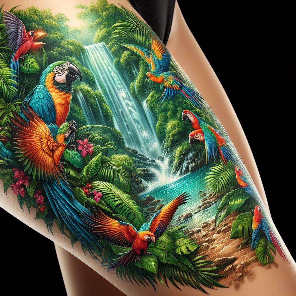 A vibrant tropical jungle thigh tattoo with a cascading waterfall, exotic birds, and lush foliage. This design transports the viewer to a hidden paradise, where a waterfall tumbles down in crystal-clear splashes, surrounded by dense, green foliage. Exotic birds, brightly colored and full of life, perch and fly within the scene, their feathers rendered with attention to detail. The overall effect is one of escape into a vibrant, untouched world.