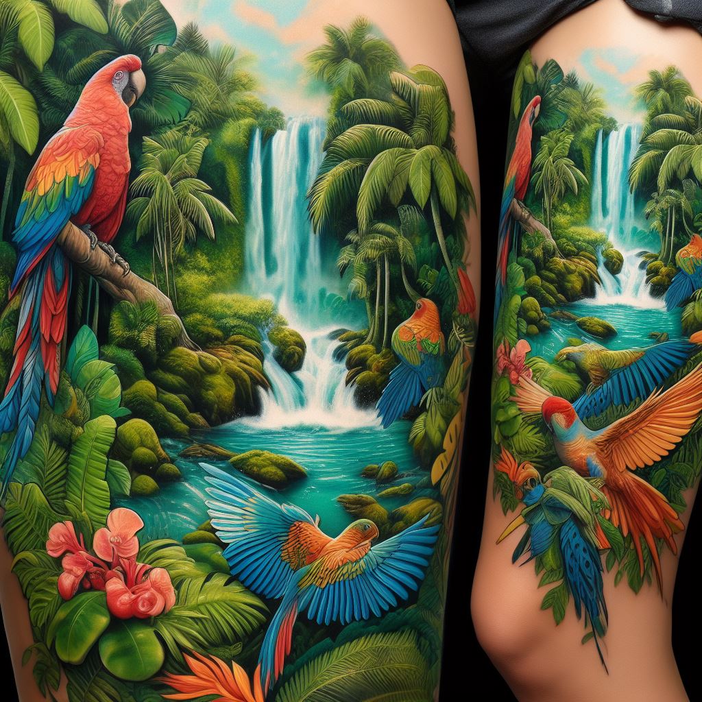 A vibrant tropical jungle thigh tattoo with a cascading waterfall, exotic birds, and lush foliage. This design transports the viewer to a hidden paradise, where a waterfall tumbles down in crystal-clear splashes, surrounded by dense, green foliage. Exotic birds, brightly colored and full of life, perch and fly within the scene, their feathers rendered with attention to detail. The overall effect is one of escape into a vibrant, untouched world.