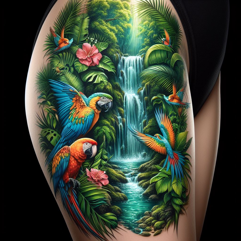 A vibrant tropical jungle thigh tattoo with a cascading waterfall, exotic birds, and lush foliage. This design transports the viewer to a hidden paradise, where a waterfall tumbles down in crystal-clear splashes, surrounded by dense, green foliage. Exotic birds, brightly colored and full of life, perch and fly within the scene, their feathers rendered with attention to detail. The overall effect is one of escape into a vibrant, untouched world.