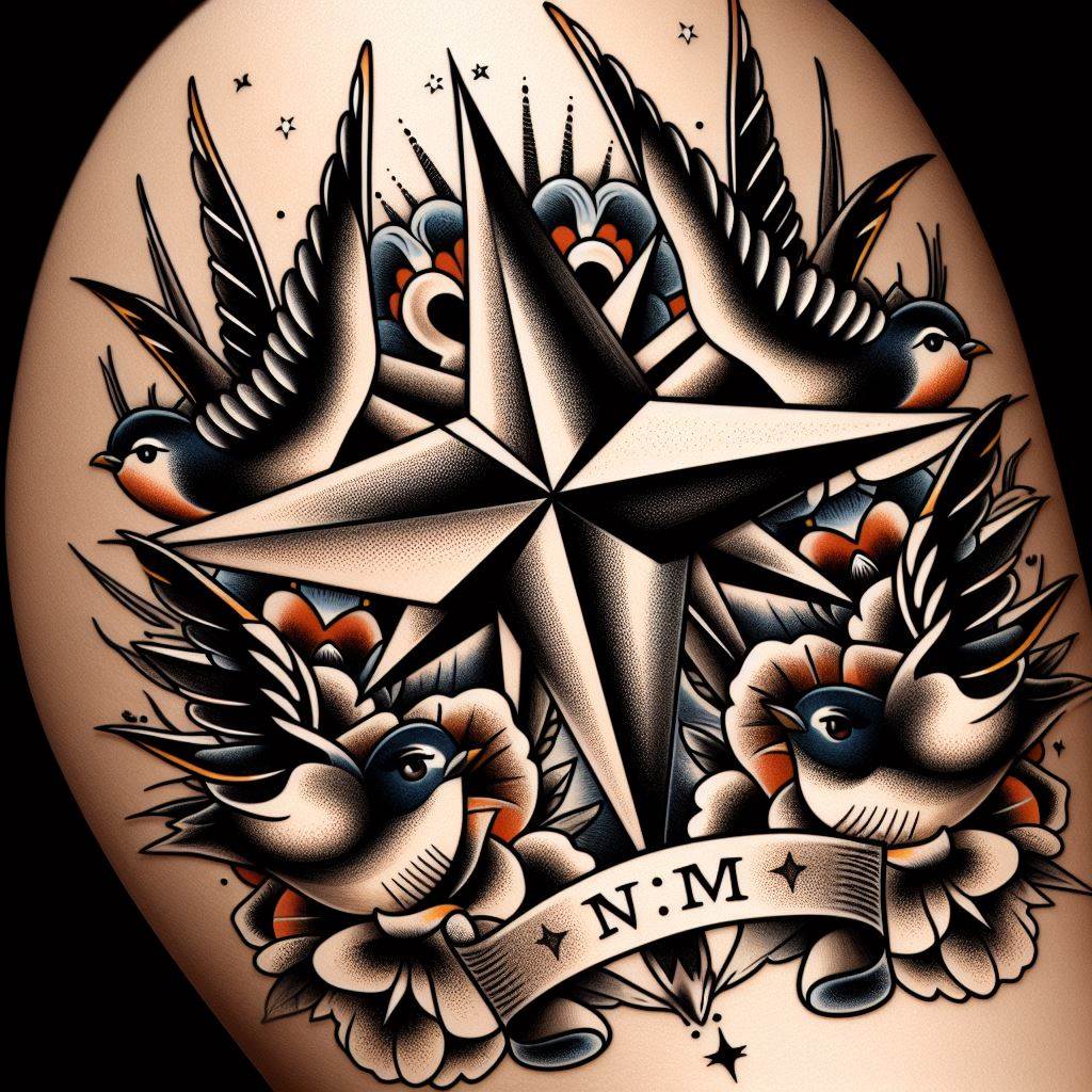 A traditional American tattoo style thigh piece with a nautical star, swallows, and a heart with a banner. Embodying the timeless aesthetics of American traditional tattoos, this design features bold lines and classic motifs. The nautical star, a symbol of guidance and protection for sailors, takes center stage. Swallows, representing travel and return, flank the star, while a heart with a banner provides space for a personal motto or loved one's name, all rendered in the vibrant, limited palette characteristic of this style.