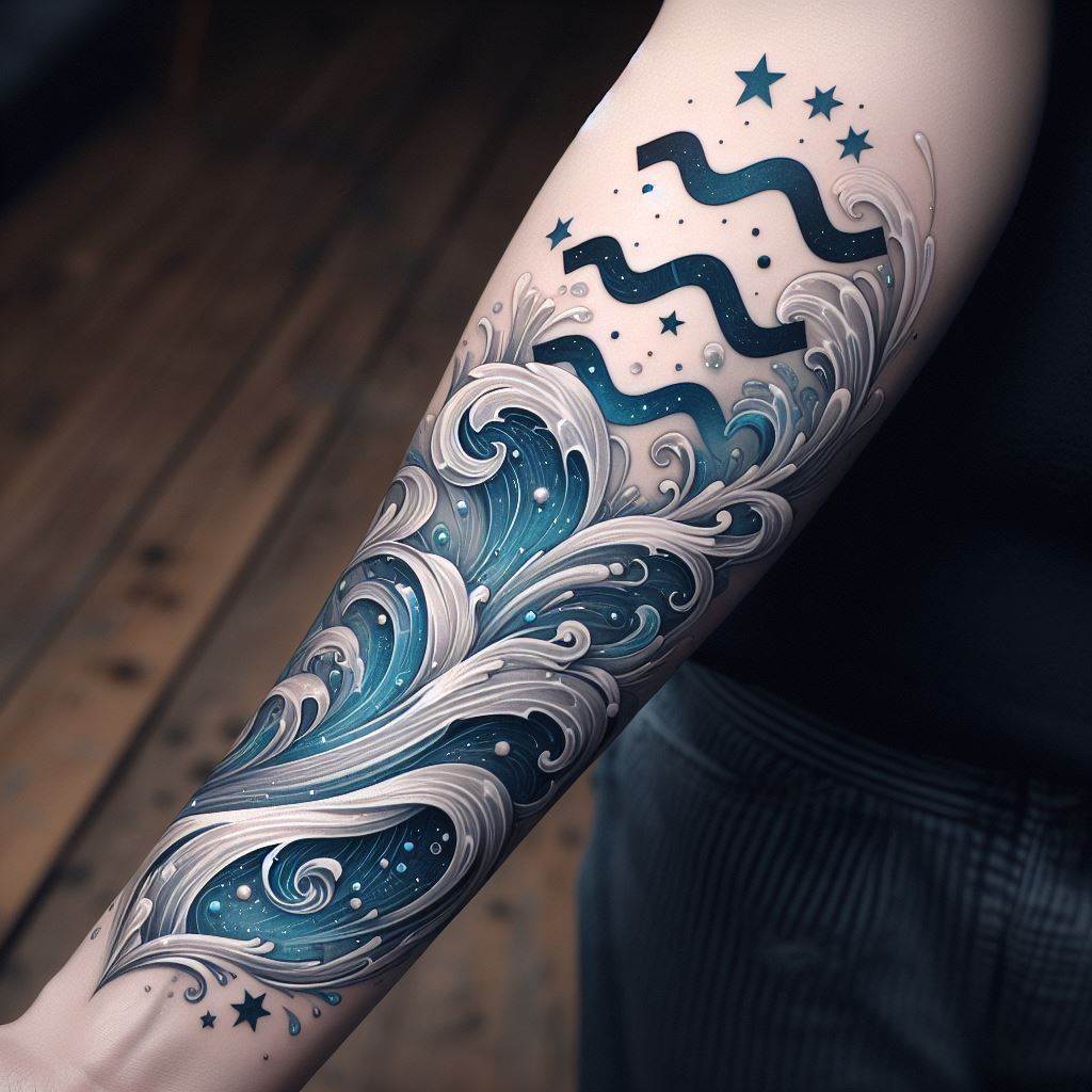 An intricate Aquarius tattoo, inspired by the water bearer symbol, gracefully wraps around the forearm. It features flowing water elements, stars, and the Aquarius symbol, all merging seamlessly into a single design. The water is depicted in various shades of blue and white, creating a sense of movement and fluidity. Small stars and the Aquarius glyph are subtly integrated into the water's flow, adding astrological significance. The overall effect is both elegant and meaningful, perfectly suited for the forearm's curvature.