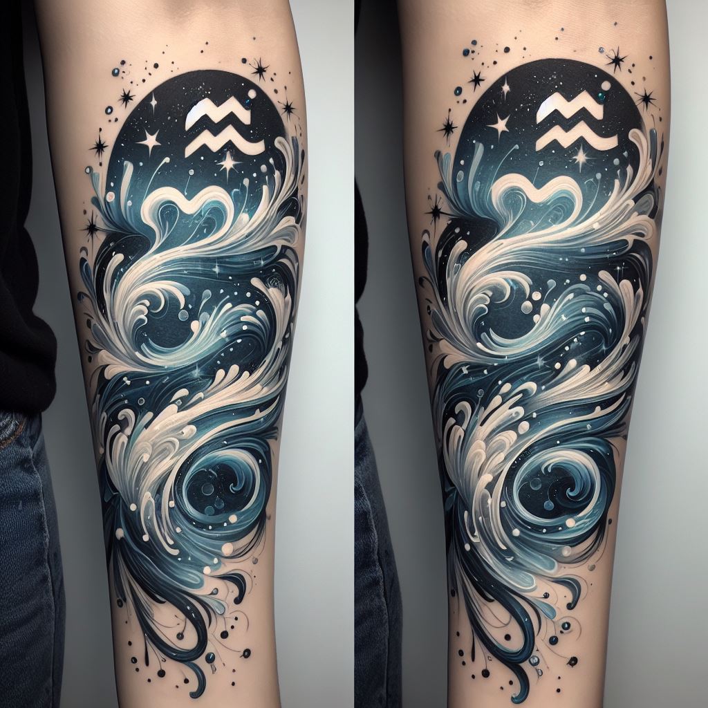 An intricate Aquarius tattoo, inspired by the water bearer symbol, gracefully wraps around the forearm. It features flowing water elements, stars, and the Aquarius symbol, all merging seamlessly into a single design. The water is depicted in various shades of blue and white, creating a sense of movement and fluidity. Small stars and the Aquarius glyph are subtly integrated into the water's flow, adding astrological significance. The overall effect is both elegant and meaningful, perfectly suited for the forearm's curvature.