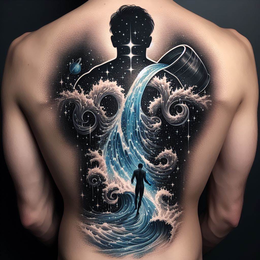 A stunning back tattoo showcasing Aquarius' zodiac sign, incorporating both the water waves and the water bearer into its design. The central figure is a silhouette of a person, the water bearer, pouring water that transitions into waves flowing across the back. This water is adorned with tiny, shimmering stars, symbolizing the connection to the cosmos. The tattoo uses shades of blue, black, and silver, creating a captivating and mystical appearance that covers the entire back.