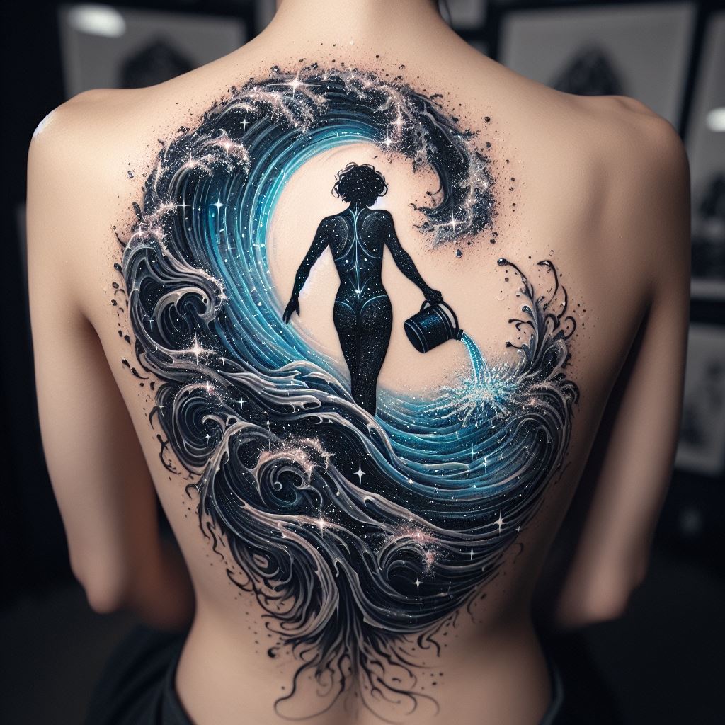 A stunning back tattoo showcasing Aquarius' zodiac sign, incorporating both the water waves and the water bearer into its design. The central figure is a silhouette of a person, the water bearer, pouring water that transitions into waves flowing across the back. This water is adorned with tiny, shimmering stars, symbolizing the connection to the cosmos. The tattoo uses shades of blue, black, and silver, creating a captivating and mystical appearance that covers the entire back.