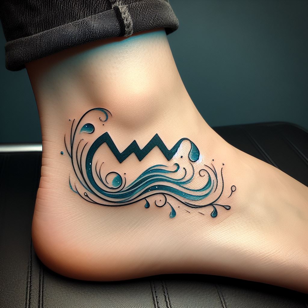 An ankle tattoo featuring a minimalist Aquarius symbol intertwined with delicate water droplets and waves. This tattoo is designed with crisp, clean lines, and a subtle use of blue and teal highlights to accentuate the water elements. The Aquarius glyph is cleverly integrated into the wave design, creating a cohesive and elegant piece that wraps around the ankle, symbolizing fluidity and the bearer's astrological identity.