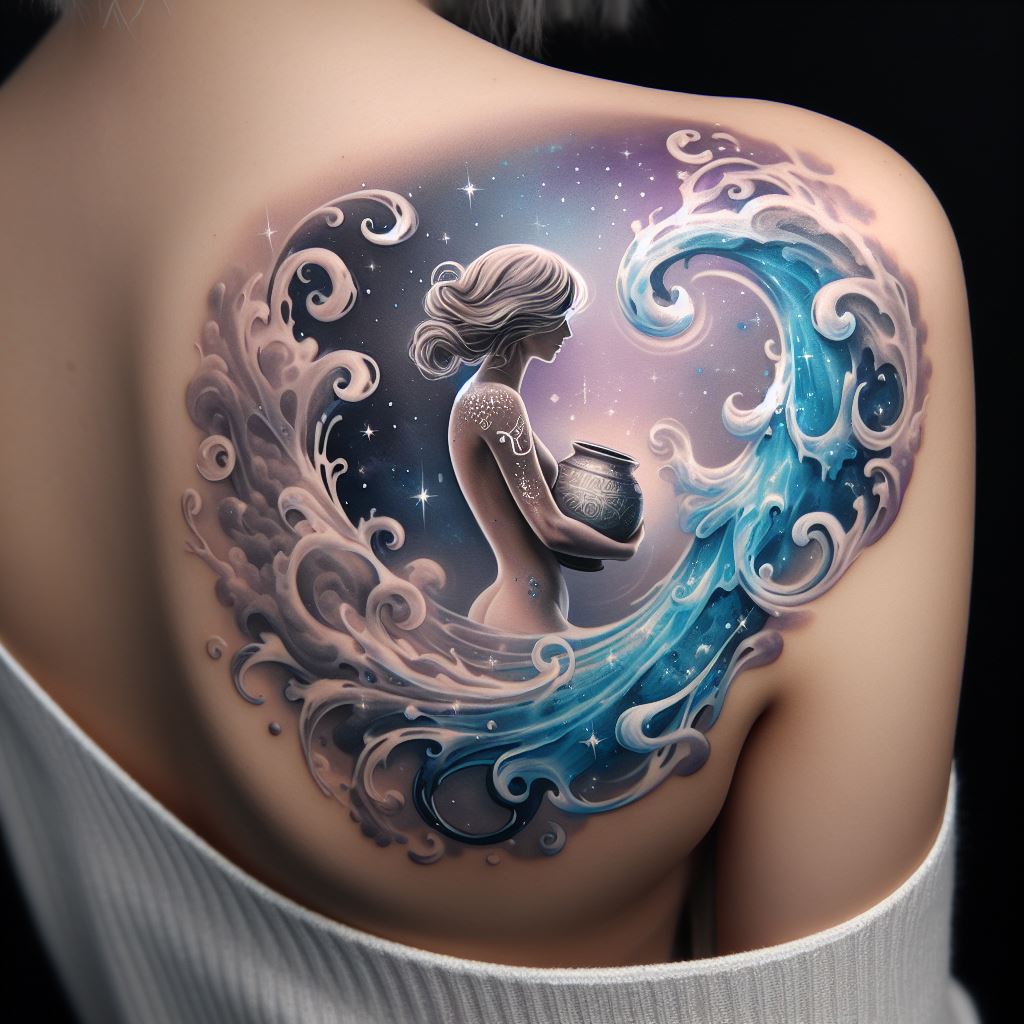 A shoulder tattoo of an Aquarius-themed design, combining the elements of air and water, to reflect the sign's dual nature. The tattoo depicts an ethereal figure holding a vessel from which both air and water flow in a beautiful, swirling pattern around the shoulder, incorporating soft blues, whites, and purples. Stars are scattered throughout the design, bringing a celestial feel to the artwork and highlighting the connection between Aquarius and the wider universe.