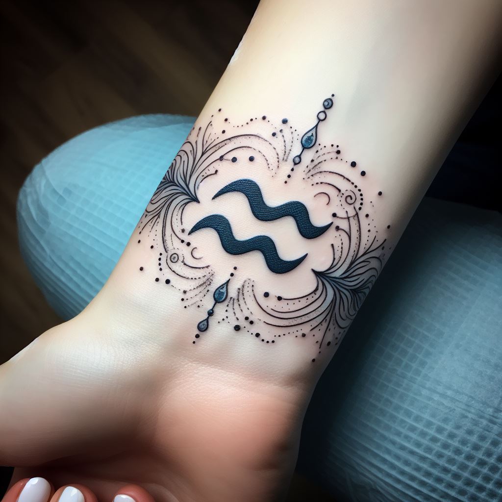 An elegant wrist tattoo that subtly incorporates the Aquarius symbol into a delicate bracelet design. The tattoo mimics the appearance of a fine piece of jewelry, with the Aquarius glyph at its center, surrounded by small, wave-like patterns and dots that represent water droplets. The design is done in fine lines of black and hints of blue, creating a sophisticated and personal expression of the wearer's astrological sign that encircles the wrist.