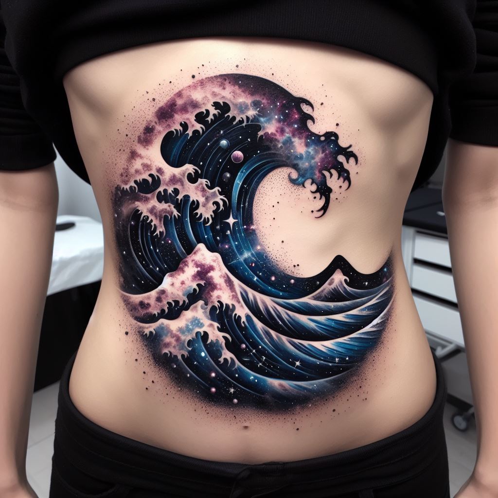 A rib cage tattoo that artfully combines the Aquarius water waves with a galaxy theme, symbolizing the sign's connection to the universe. The design features waves that transition into a star-filled night sky, with planets, constellations, and the Aquarius symbol integrated seamlessly. This imaginative tattoo uses deep blues, purples, and blacks, with specks of white and silver for stars, creating a sense of cosmic wonder that spans the side of the body.