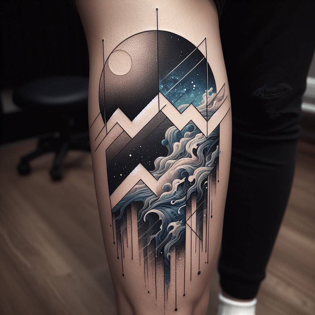 A calf tattoo that depicts an abstract interpretation of the Aquarius sign, blending geometric shapes with natural water elements. The design starts with a bold Aquarius symbol at the top, from which geometric lines and shapes flow down, gradually transforming into a cascade of water and waves. The tattoo uses a palette of blues, grays, and whites, emphasizing the sign's airy and fluid characteristics, creating a visually striking piece on the calf.