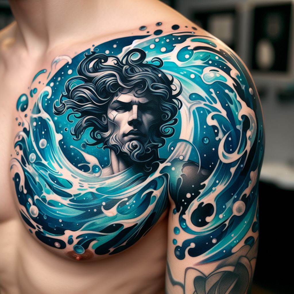 An upper arm tattoo featuring a vibrant Aquarius theme, where the water bearer is represented by a powerful figure surrounded by swirling water and air. This tattoo emphasizes strength and movement, with the water and air elements depicted in a dynamic and stylized manner. The use of vivid blues, teals, and whites, along with the bold outlines of the figure and elements, makes this tattoo a bold statement piece that wraps around the upper arm.