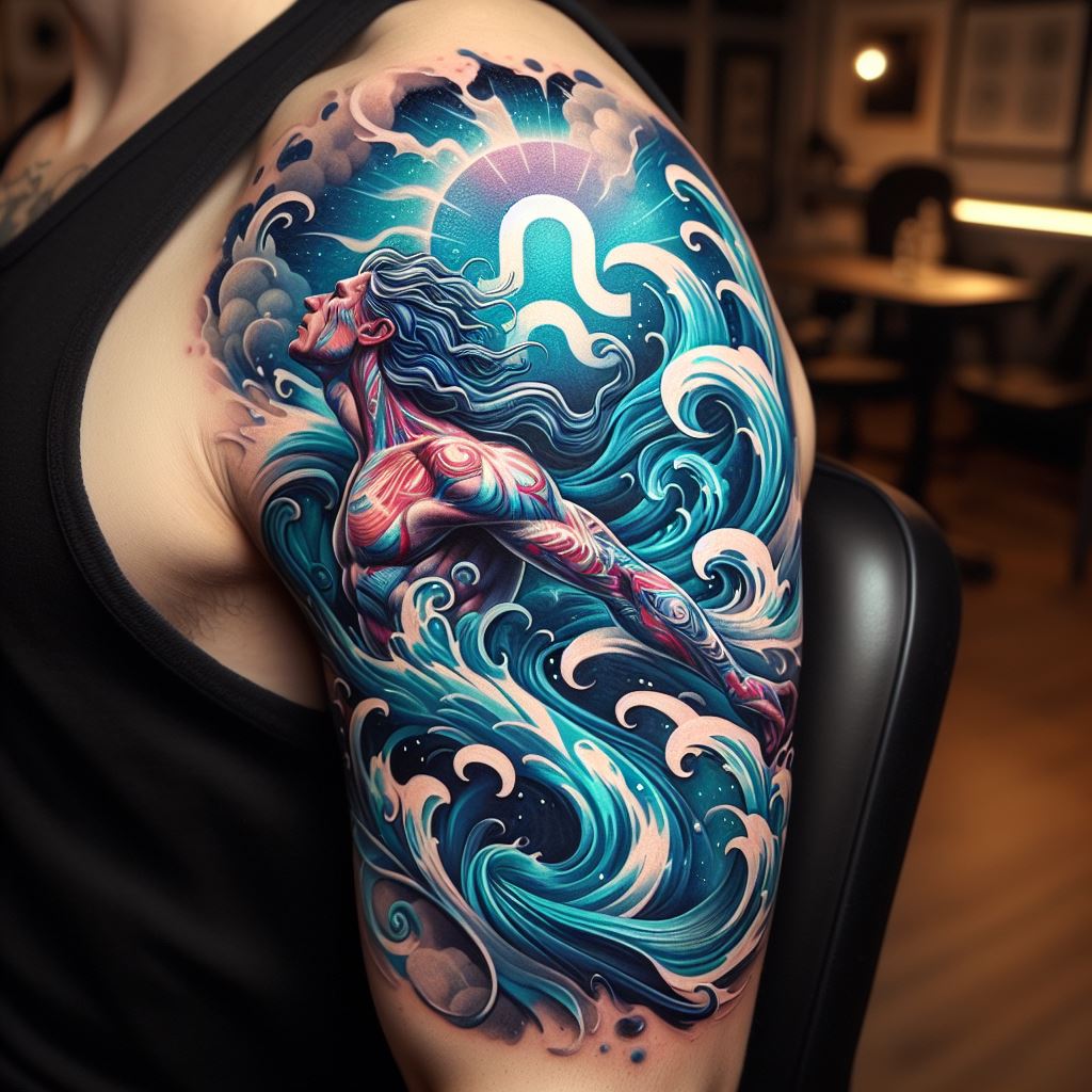 An upper arm tattoo featuring a vibrant Aquarius theme, where the water bearer is represented by a powerful figure surrounded by swirling water and air. This tattoo emphasizes strength and movement, with the water and air elements depicted in a dynamic and stylized manner. The use of vivid blues, teals, and whites, along with the bold outlines of the figure and elements, makes this tattoo a bold statement piece that wraps around the upper arm.