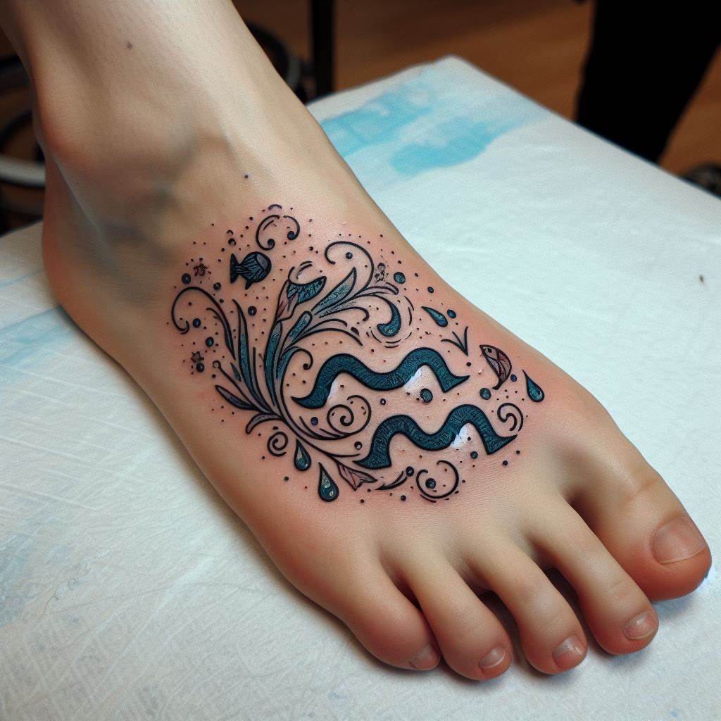 A foot tattoo that presents a whimsical Aquarius motif, using the sign's symbol and elements in a playful, yet elegant design. Tiny water droplets and waves dance around the Aquarius glyph, with small fish and aquatic plants interspersed throughout. The tattoo is executed in fine lines with touches of blue and green, creating a delicate and charming piece that adorns the top of the foot, celebrating the sign's connection to water in a light-hearted manner.