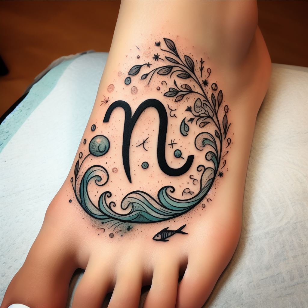 A foot tattoo that presents a whimsical Aquarius motif, using the sign's symbol and elements in a playful, yet elegant design. Tiny water droplets and waves dance around the Aquarius glyph, with small fish and aquatic plants interspersed throughout. The tattoo is executed in fine lines with touches of blue and green, creating a delicate and charming piece that adorns the top of the foot, celebrating the sign's connection to water in a light-hearted manner.