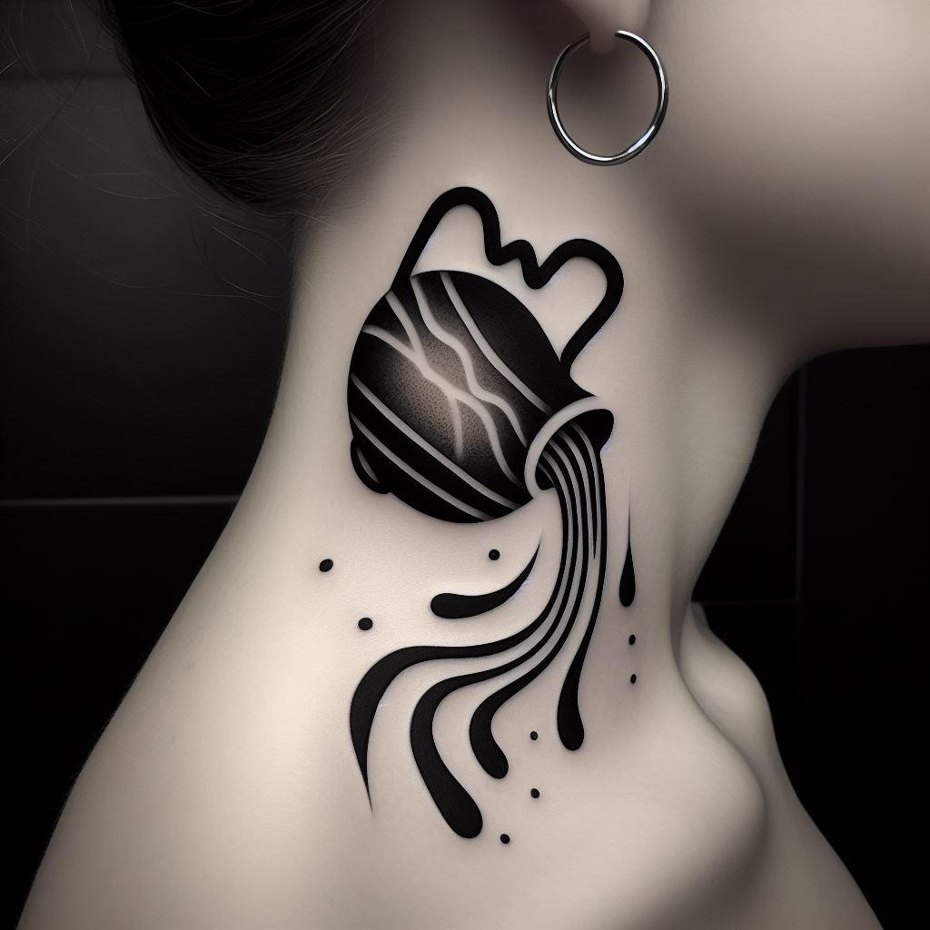 An Aquarius tattoo on the side of the neck, showcasing a sleek, modern interpretation of the water bearer's urn. The urn is stylized, with clean lines and minimalistic design, pouring out an abstract pattern of waves and droplets that subtly transition into the Aquarius symbol. This tattoo uses a monochromatic palette, emphasizing the silhouette and shape, making it a striking yet sophisticated piece that elegantly flows down the neck.