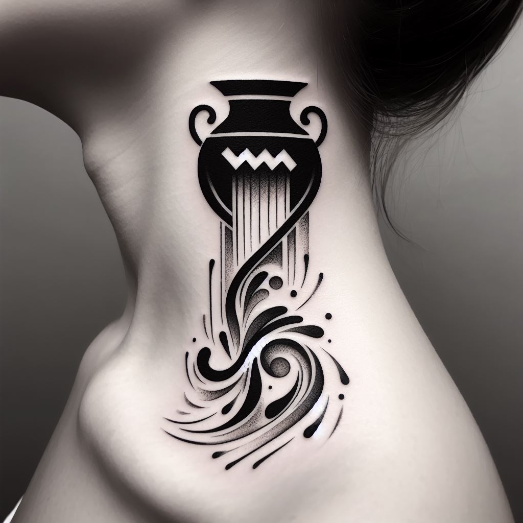 An Aquarius tattoo on the side of the neck, showcasing a sleek, modern interpretation of the water bearer's urn. The urn is stylized, with clean lines and minimalistic design, pouring out an abstract pattern of waves and droplets that subtly transition into the Aquarius symbol. This tattoo uses a monochromatic palette, emphasizing the silhouette and shape, making it a striking yet sophisticated piece that elegantly flows down the neck.