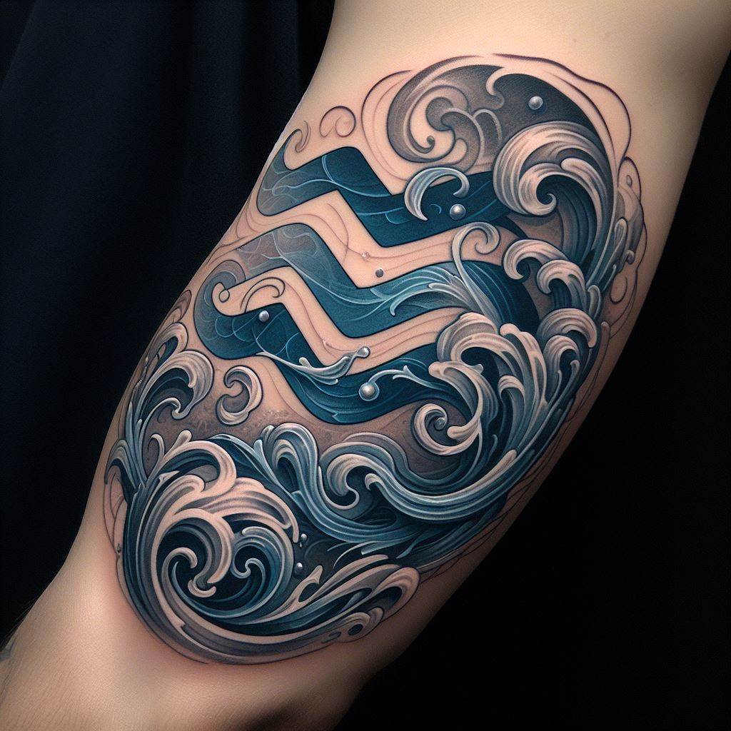 An Aquarius tattoo on the inner bicep, combining the astrological symbol with an artistic representation of air and water elements. The design intertwines swirling air currents and flowing water, creating a harmonious balance that encapsulates the duality of the Aquarius sign. The tattoo is rendered in shades of blue and gray, with fine lines and soft shading to depict movement and fluidity, making it an intimate and personal expression of one's astrological identity.