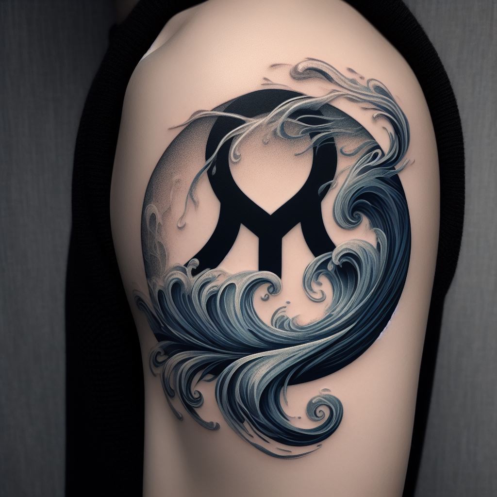 An Aquarius tattoo on the inner bicep, combining the astrological symbol with an artistic representation of air and water elements. The design intertwines swirling air currents and flowing water, creating a harmonious balance that encapsulates the duality of the Aquarius sign. The tattoo is rendered in shades of blue and gray, with fine lines and soft shading to depict movement and fluidity, making it an intimate and personal expression of one's astrological identity.