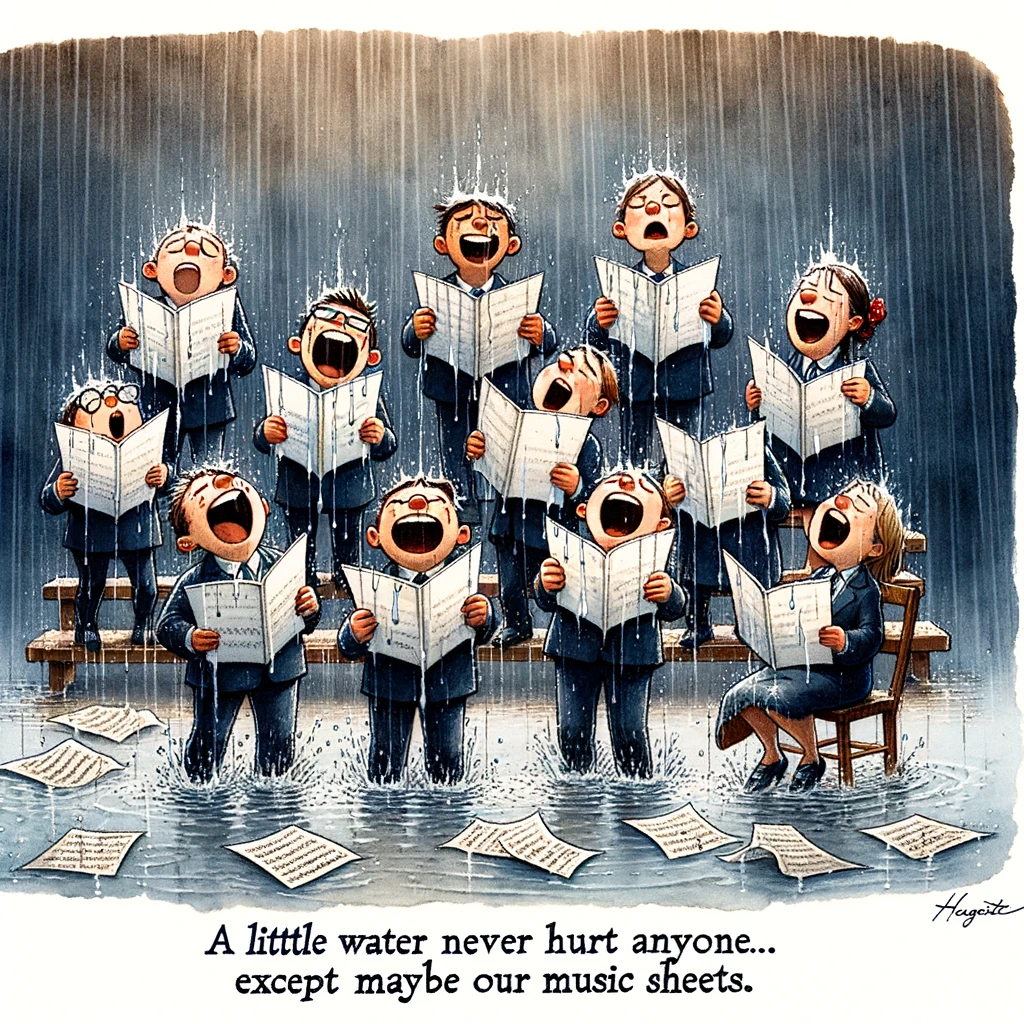 An image of a choir group trying to sing in the rain, with their sheet music getting soaked and ink running down the pages. The caption says, "A little water never hurt anyone... except maybe our music sheets."