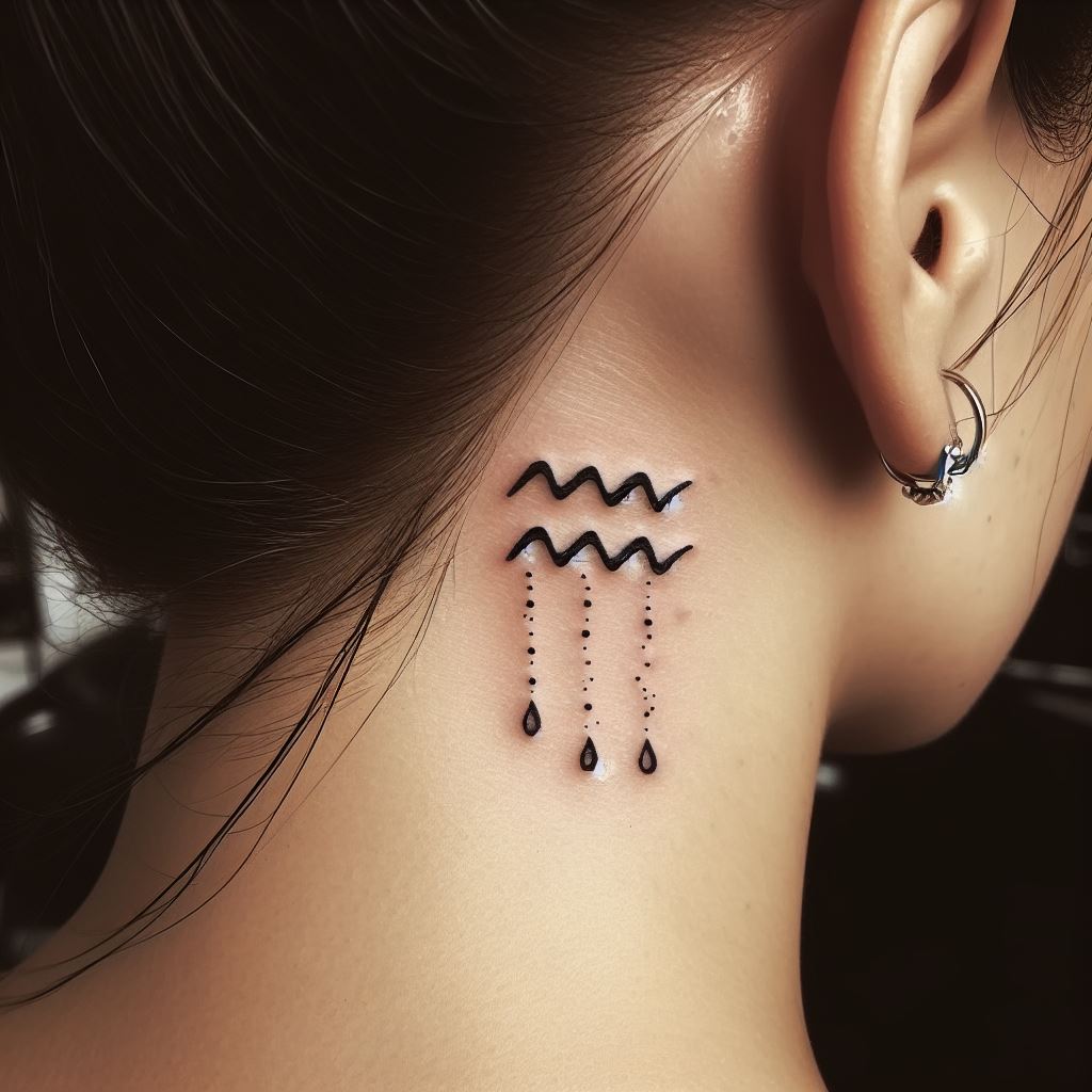 A behind-the-ear tattoo of the Aquarius symbol, elegantly simplified to its most minimalist form. This discreet yet meaningful tattoo uses fine, precise lines to create the water bearer's glyph, with a small cascade of water droplets flowing from the symbol. The design is inked in black, offering a timeless and subtle nod to the wearer's zodiac sign, perfectly positioned for an understated but personal statement.
