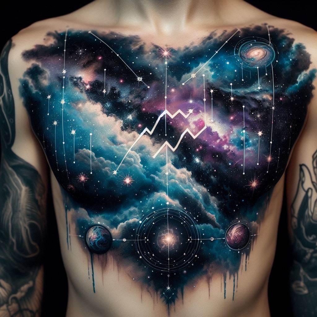 A chest tattoo that captures the essence of Aquarius through a celestial map, featuring the constellation and key stars of the sign. The stars are connected with delicate lines, forming the Aquarius constellation, while the surrounding space is filled with artistic interpretations of the cosmos, including nebulae, planets, and distant galaxies. This design uses a palette of deep space blues, purples, and whites, creating a cosmic tableau that spans across the chest.