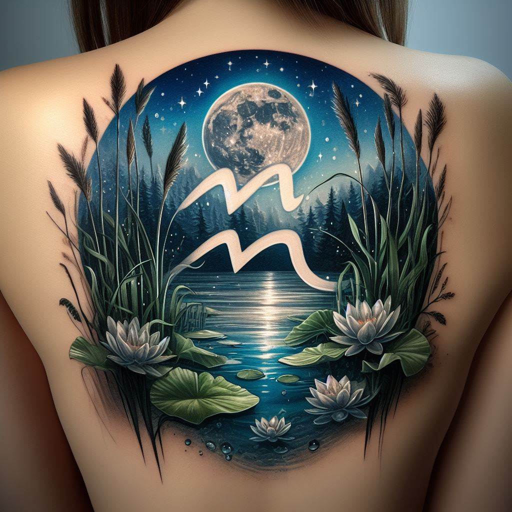 An Aquarius tattoo on the lower back, artfully integrating the symbol into a landscape scene that reflects the sign's connection to water. The tattoo features a tranquil lakeside setting, where the Aquarius glyph emerges from the water's surface, surrounded by reeds, water lilies, and a serene moonlit sky. The scene is rendered in realistic detail, using a calm palette of blues, greens, and silvery moonlight tones, creating a peaceful and picturesque body art piece.