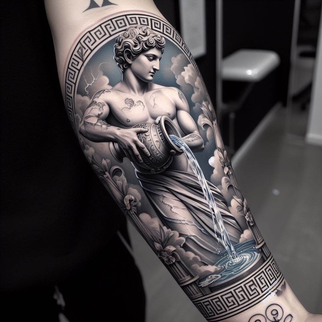 A forearm tattoo that portrays the Aquarius water bearer as an ancient Greek statue, holding an urn from which water flows in an elegant stream down the arm. The statue is detailed with classical beauty and grace, set against a background of Greek motifs and symbols related to the Aquarius sign. The tattoo uses soft gray and white shades to mimic marble, with touches of blue for the water, combining art history and astrology in a striking and educational design.