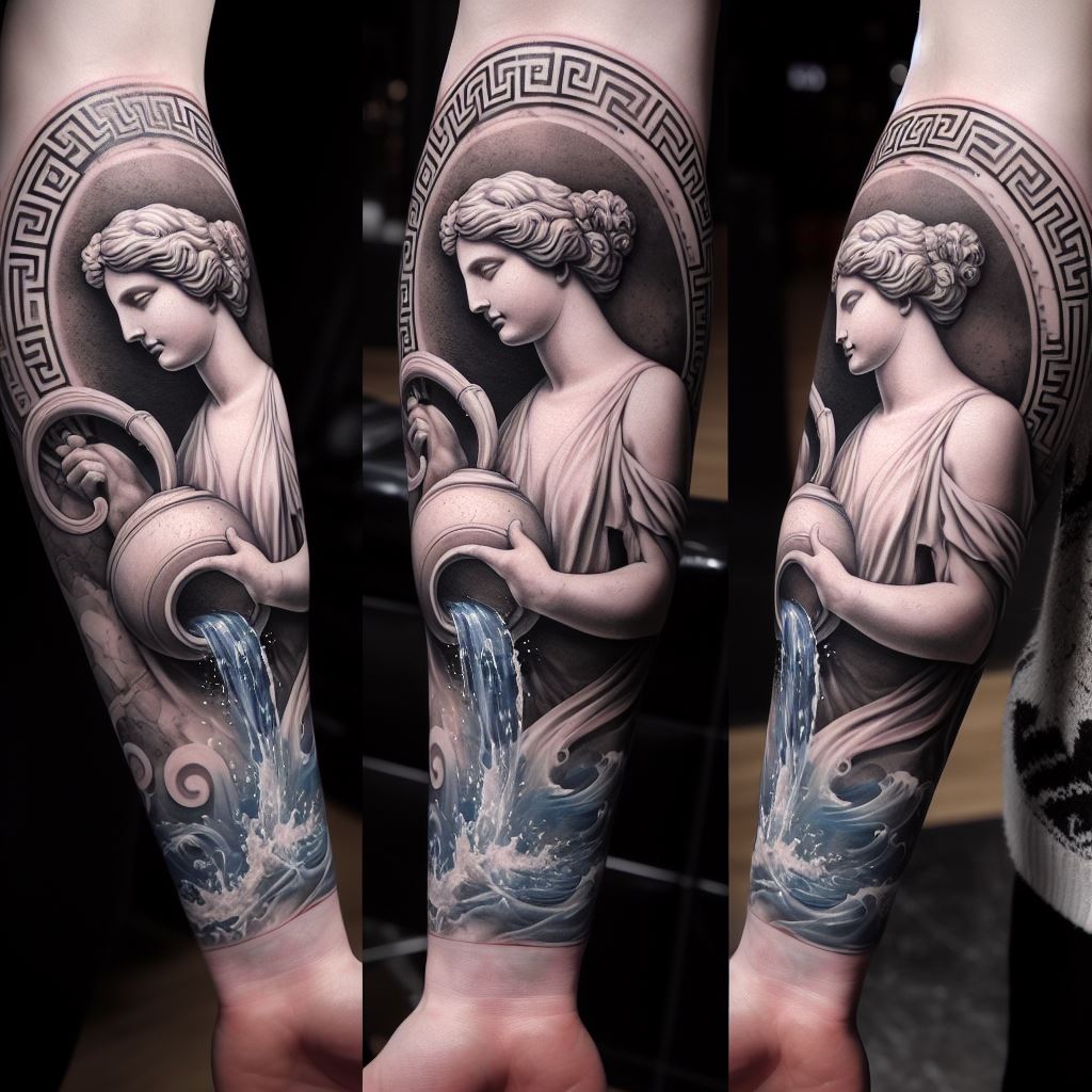 A forearm tattoo that portrays the Aquarius water bearer as an ancient Greek statue, holding an urn from which water flows in an elegant stream down the arm. The statue is detailed with classical beauty and grace, set against a background of Greek motifs and symbols related to the Aquarius sign. The tattoo uses soft gray and white shades to mimic marble, with touches of blue for the water, combining art history and astrology in a striking and educational design.