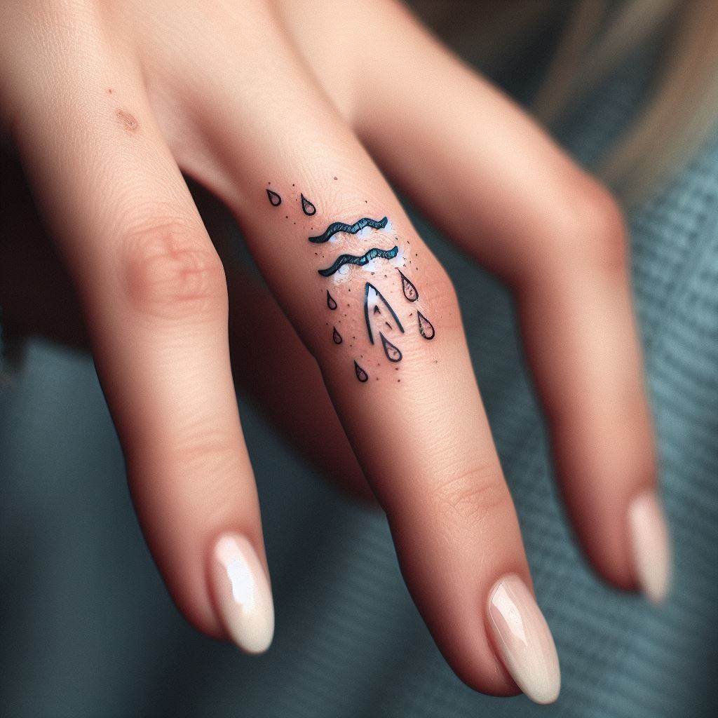 An Aquarius tattoo on the finger, featuring a tiny yet detailed representation of the sign's glyph, combined with a series of small, delicate water droplets. This minimalist design uses fine lines and a subtle touch of blue to highlight the water elements, creating a discreet but meaningful symbol of the wearer's astrological sign. The tattoo's placement on the finger makes it both a personal statement and a conversation piece.
