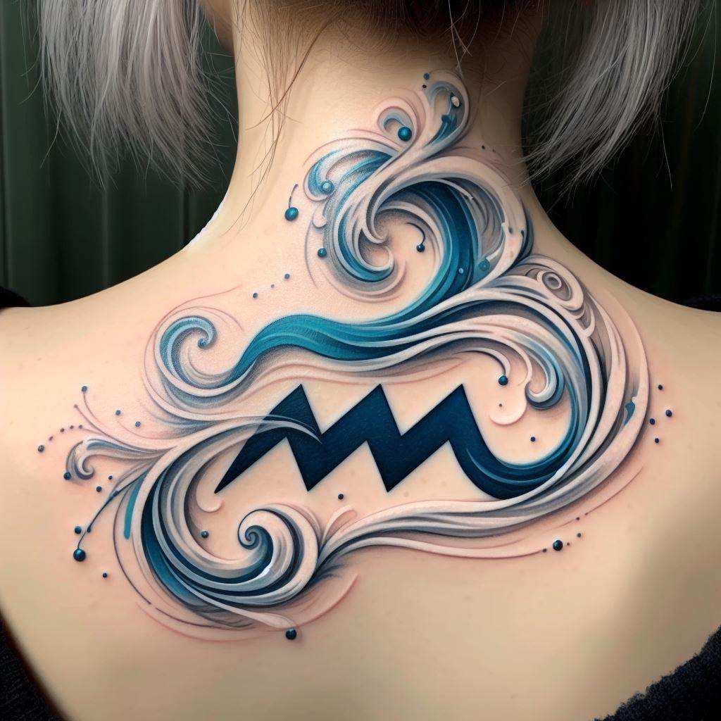 A nape of the neck tattoo showcasing Aquarius's element, air, with a design that captures the fluidity and movement of wind. The tattoo features stylized representations of air currents and breezes, intertwined with the Aquarius symbol, all flowing gracefully across the nape. This design is rendered in soft shades of blue and white, creating a sense of lightness and freedom, symbolizing the airy aspect of the Aquarius sign in a beautiful and ethereal way.
