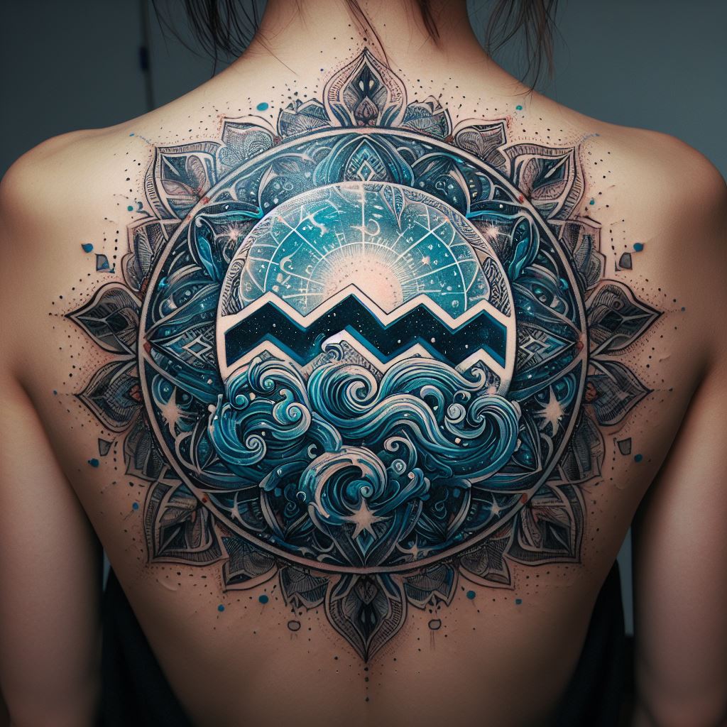 An Aquarius tattoo on the upper back that merges the astrological symbol with a mandala design, symbolizing the universe's connection to the individual. The Aquarius glyph is centered within the mandala, which is intricately detailed with patterns of waves, stars, and geometric shapes, representing harmony, spirituality, and the flow of energy. The tattoo is inked in a palette of blues, teals, and whites, creating a stunning and spiritual piece that embodies the essence of Aquarius.