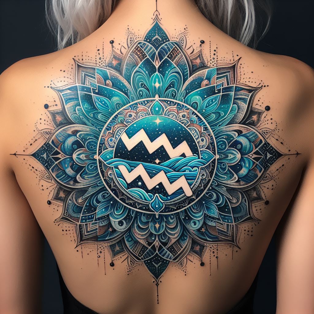 An Aquarius tattoo on the upper back that merges the astrological symbol with a mandala design, symbolizing the universe's connection to the individual. The Aquarius glyph is centered within the mandala, which is intricately detailed with patterns of waves, stars, and geometric shapes, representing harmony, spirituality, and the flow of energy. The tattoo is inked in a palette of blues, teals, and whites, creating a stunning and spiritual piece that embodies the essence of Aquarius.
