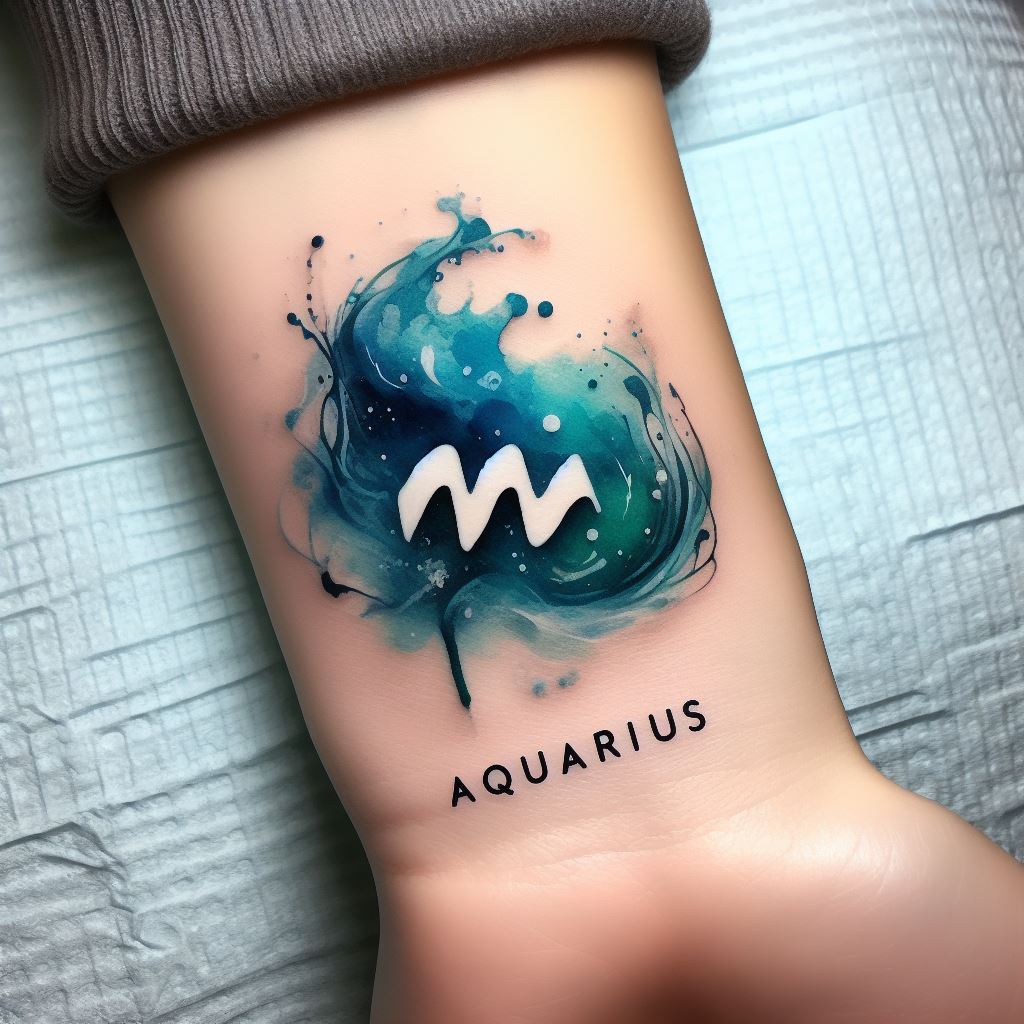 An Aquarius tattoo on the side of the wrist, elegantly displaying a delicate watercolor-style scene. The design showcases a subtle Aquarius symbol amidst a splash of vibrant blues and teals, resembling flowing water. This artistic approach gives the tattoo a fluid, dynamic appearance, mirroring the ever-changing and free-spirited nature of the Aquarius sign. The watercolor effect adds depth and a sense of spontaneity, making it a unique and eye-catching piece.