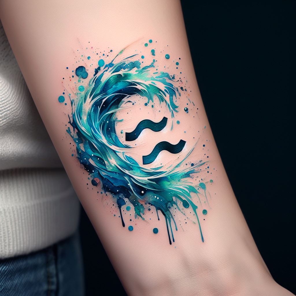 An Aquarius tattoo on the side of the wrist, elegantly displaying a delicate watercolor-style scene. The design showcases a subtle Aquarius symbol amidst a splash of vibrant blues and teals, resembling flowing water. This artistic approach gives the tattoo a fluid, dynamic appearance, mirroring the ever-changing and free-spirited nature of the Aquarius sign. The watercolor effect adds depth and a sense of spontaneity, making it a unique and eye-catching piece.