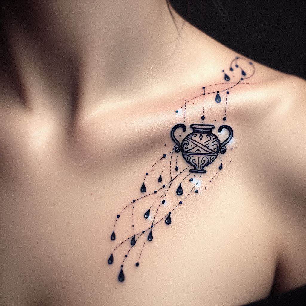 An Aquarius tattoo on the collarbone, featuring a line of dainty, interconnected water droplets leading to a stylized version of the water bearer's urn. The urn is intricately designed, with fine details that suggest ancient craftsmanship, and it gently spills a trail of water droplets that cascade across the collarbone. This design blends the elegance of minimalism with the richness of symbolism, using subtle shades of blue to highlight the water elements, creating a striking and graceful adornment.