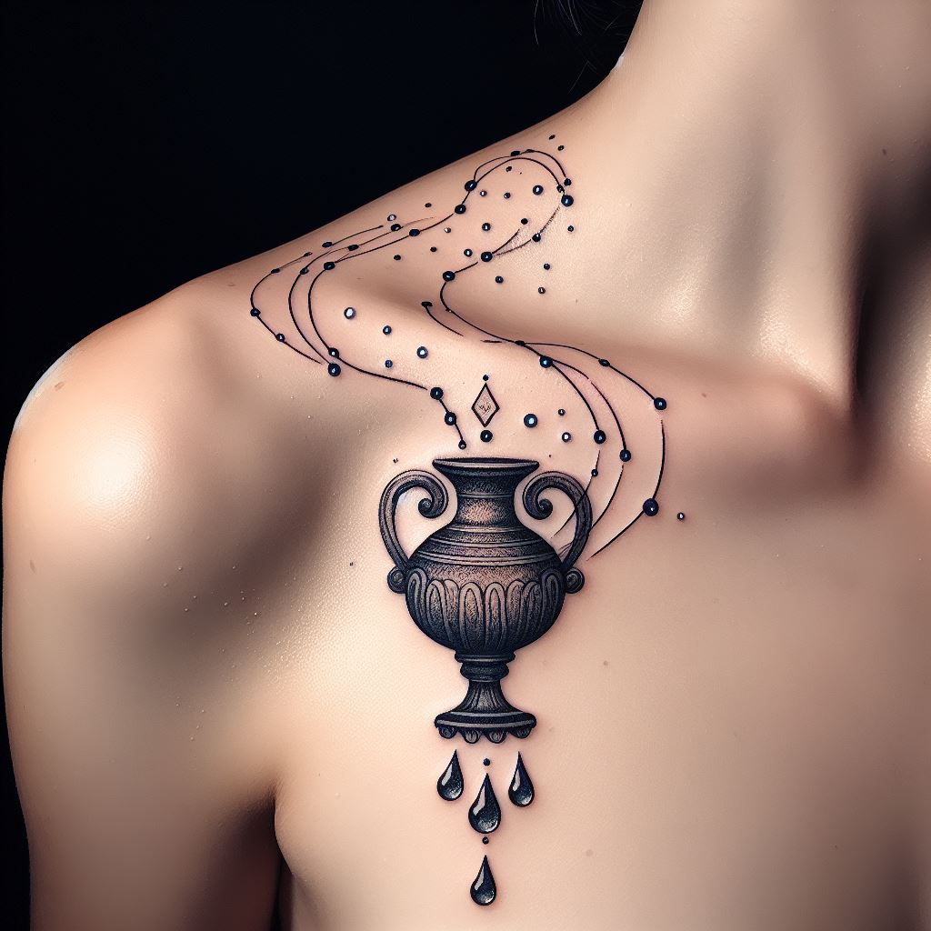 An Aquarius tattoo on the collarbone, featuring a line of dainty, interconnected water droplets leading to a stylized version of the water bearer's urn. The urn is intricately designed, with fine details that suggest ancient craftsmanship, and it gently spills a trail of water droplets that cascade across the collarbone. This design blends the elegance of minimalism with the richness of symbolism, using subtle shades of blue to highlight the water elements, creating a striking and graceful adornment.