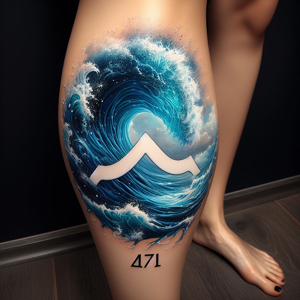 A large Aquarius tattoo on the lower leg, depicting a dynamic ocean wave scene inspired by the sign's connection to water. The tattoo artistically captures the power and beauty of the ocean, with waves cresting and crashing, interspersed with the Aquarius symbol. The use of varying shades of blue, from deep navy to light aquamarine, adds realism and depth to the design, while white highlights mimic the foam and spray of the sea, creating a breathtaking piece that embodies the essence of Aquarius.