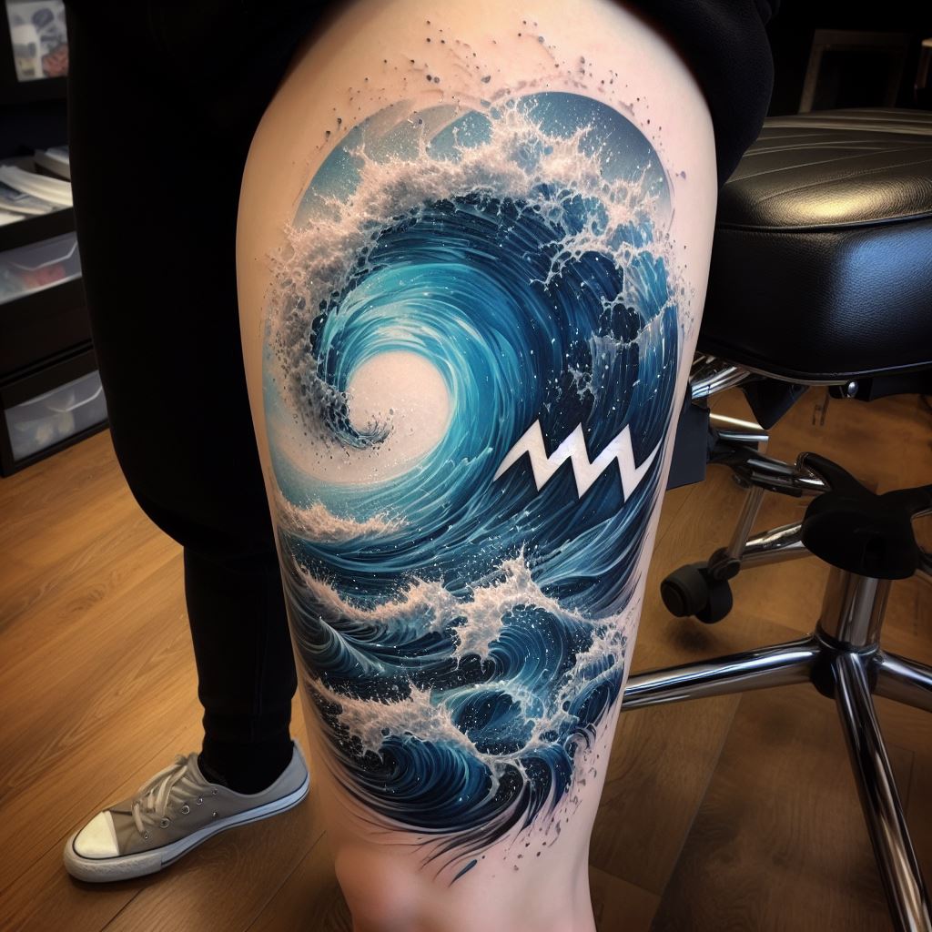 A large Aquarius tattoo on the lower leg, depicting a dynamic ocean wave scene inspired by the sign's connection to water. The tattoo artistically captures the power and beauty of the ocean, with waves cresting and crashing, interspersed with the Aquarius symbol. The use of varying shades of blue, from deep navy to light aquamarine, adds realism and depth to the design, while white highlights mimic the foam and spray of the sea, creating a breathtaking piece that embodies the essence of Aquarius.