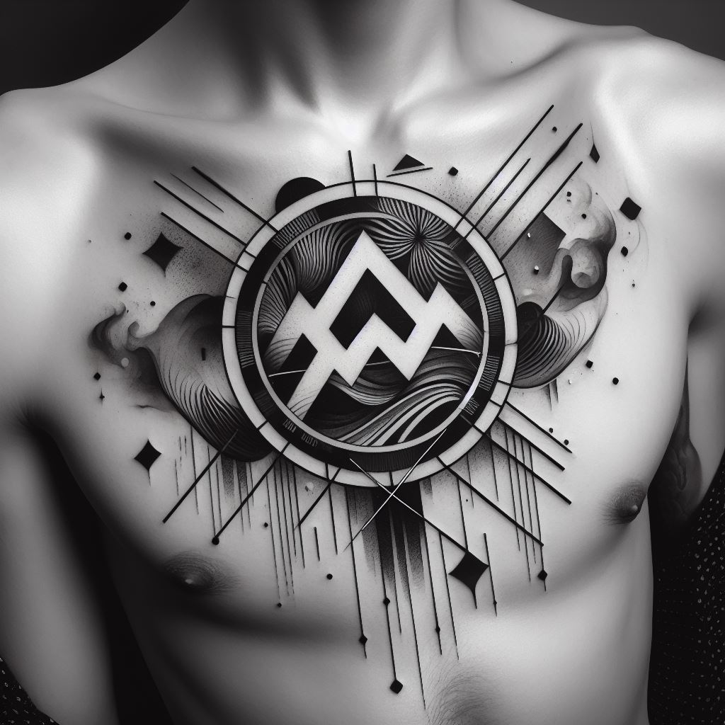 An Aquarius tattoo on the upper chest, incorporating a geometric and abstract interpretation of the zodiac sign. The design features the Aquarius symbol at its core, surrounded by asymmetrical shapes and lines that evoke the image of water molecules and air currents, symbolizing the dual nature of the sign. This tattoo uses a monochrome palette to emphasize the shapes and patterns, creating a modern and sophisticated piece that resonates with the innovative spirit of Aquarius.