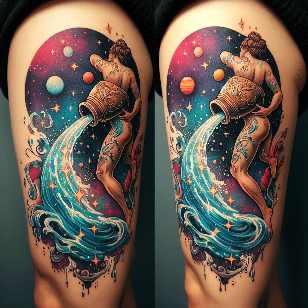 A behind-the-knee tattoo showcasing a whimsical Aquarius motif, where the water bearer is reimagined as a mythical creature. This creature, part human, part aquatic, gracefully pours water from a celestial urn, with the water transforming into a series of stars and planets down the leg. The design is rich in fantasy elements, using vibrant colors to bring the scene to life, making it a magical and imaginative expression of the Aquarius sign.