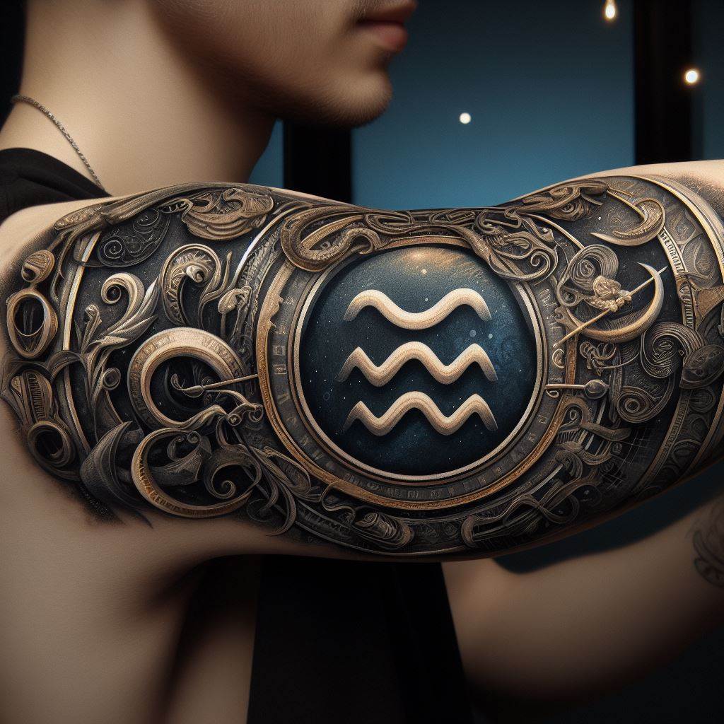An Aquarius tattoo encircling the bicep, designed as a band of ancient astrological symbols and glyphs, with the Aquarius sign prominently featured. The band is detailed with intricate patterns and textures, reminiscent of a piece of vintage celestial jewelry. The use of gold, silver, and midnight blue inks adds a touch of luxury and depth to the design, creating a timeless and elegant tribute to the zodiac sign that wraps around the arm.