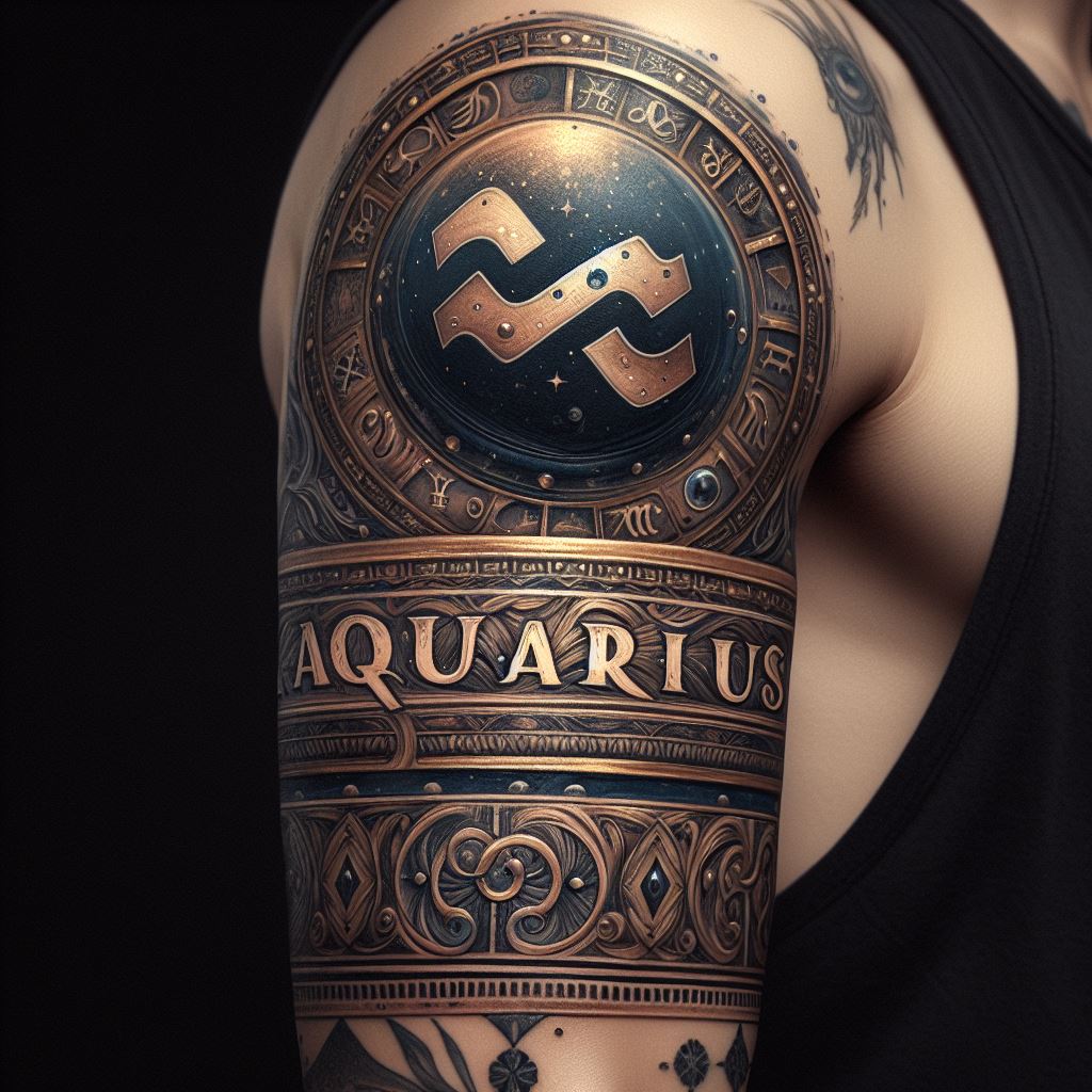 An Aquarius tattoo encircling the bicep, designed as a band of ancient astrological symbols and glyphs, with the Aquarius sign prominently featured. The band is detailed with intricate patterns and textures, reminiscent of a piece of vintage celestial jewelry. The use of gold, silver, and midnight blue inks adds a touch of luxury and depth to the design, creating a timeless and elegant tribute to the zodiac sign that wraps around the arm.